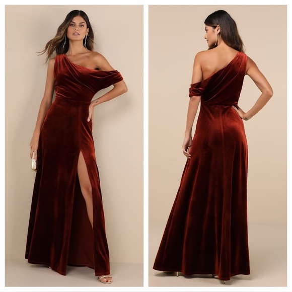 Lulus Dresses & Skirts - Lulus Coveted Confidence Rust Orange Velvet Asymmetrical
Maxi Dress